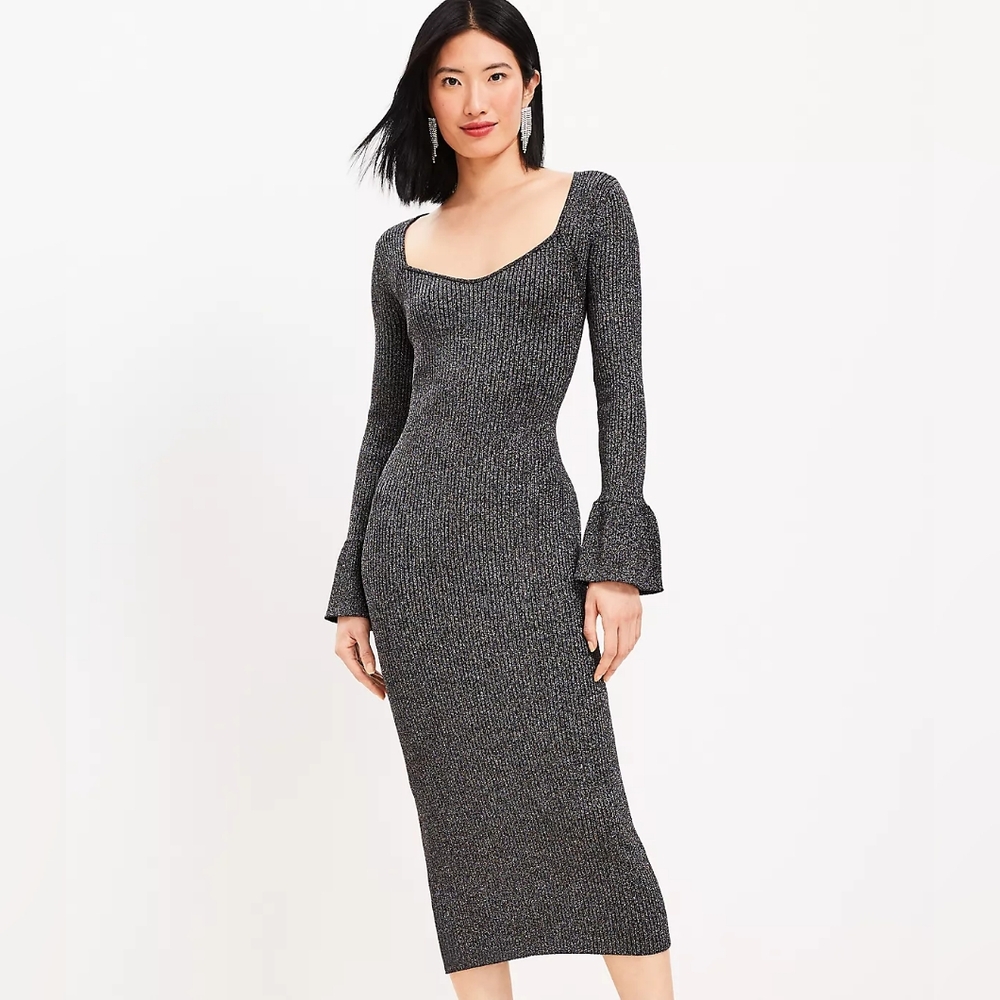 LOFT | Ribbed Trumpet Sleeve Midi Sweater Dress